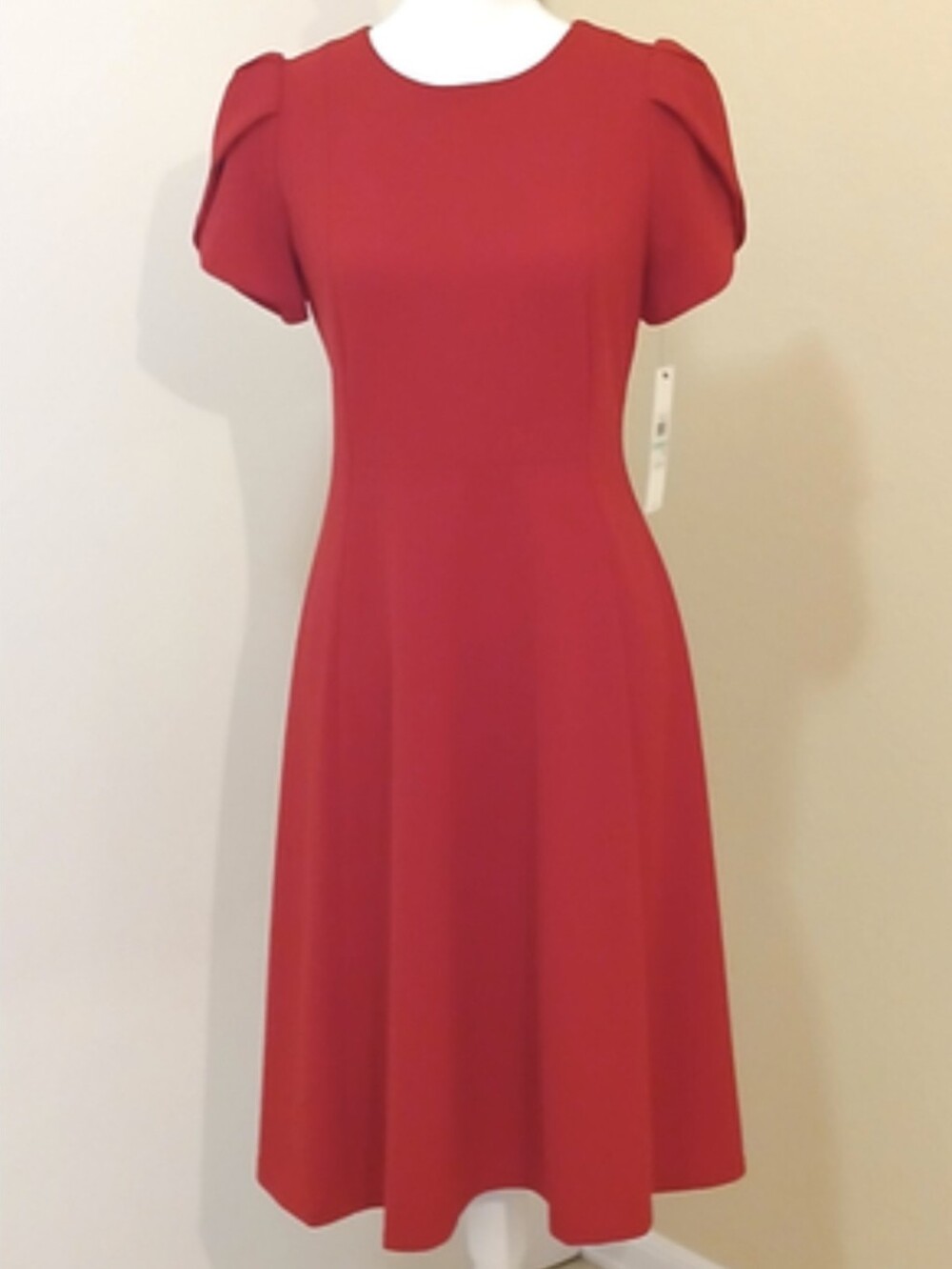 Calvin Klein Red Midi Fit & Flare Dress with Tulip Sleeves, size 4